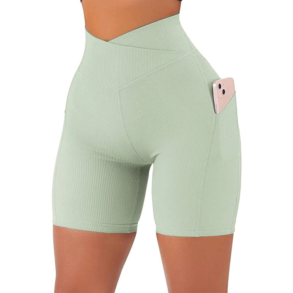 High Waist Cross Workout Shorts with Side Pockets for Women - SensorySoft