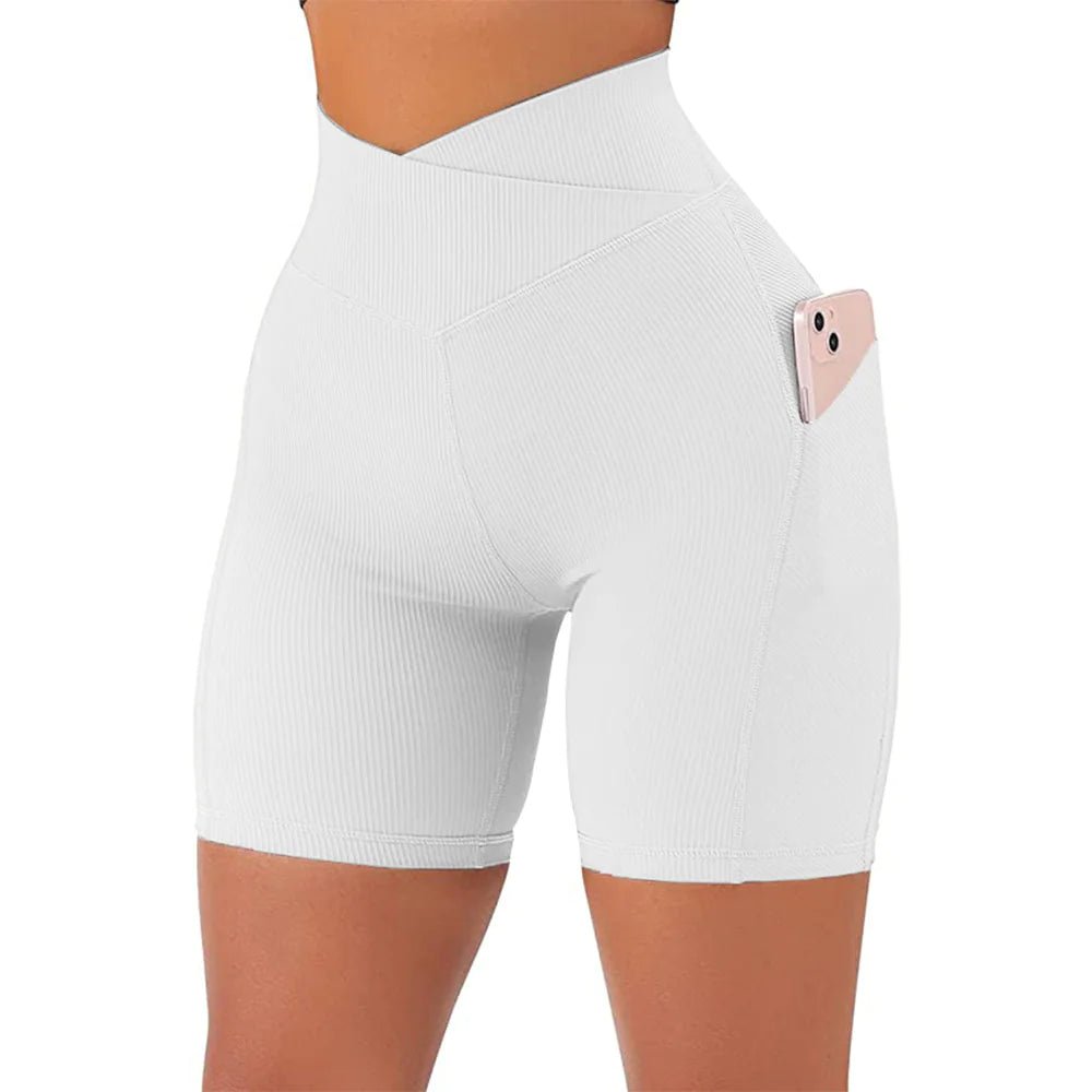 High Waist Cross Workout Shorts with Side Pockets for Women - SensorySoft