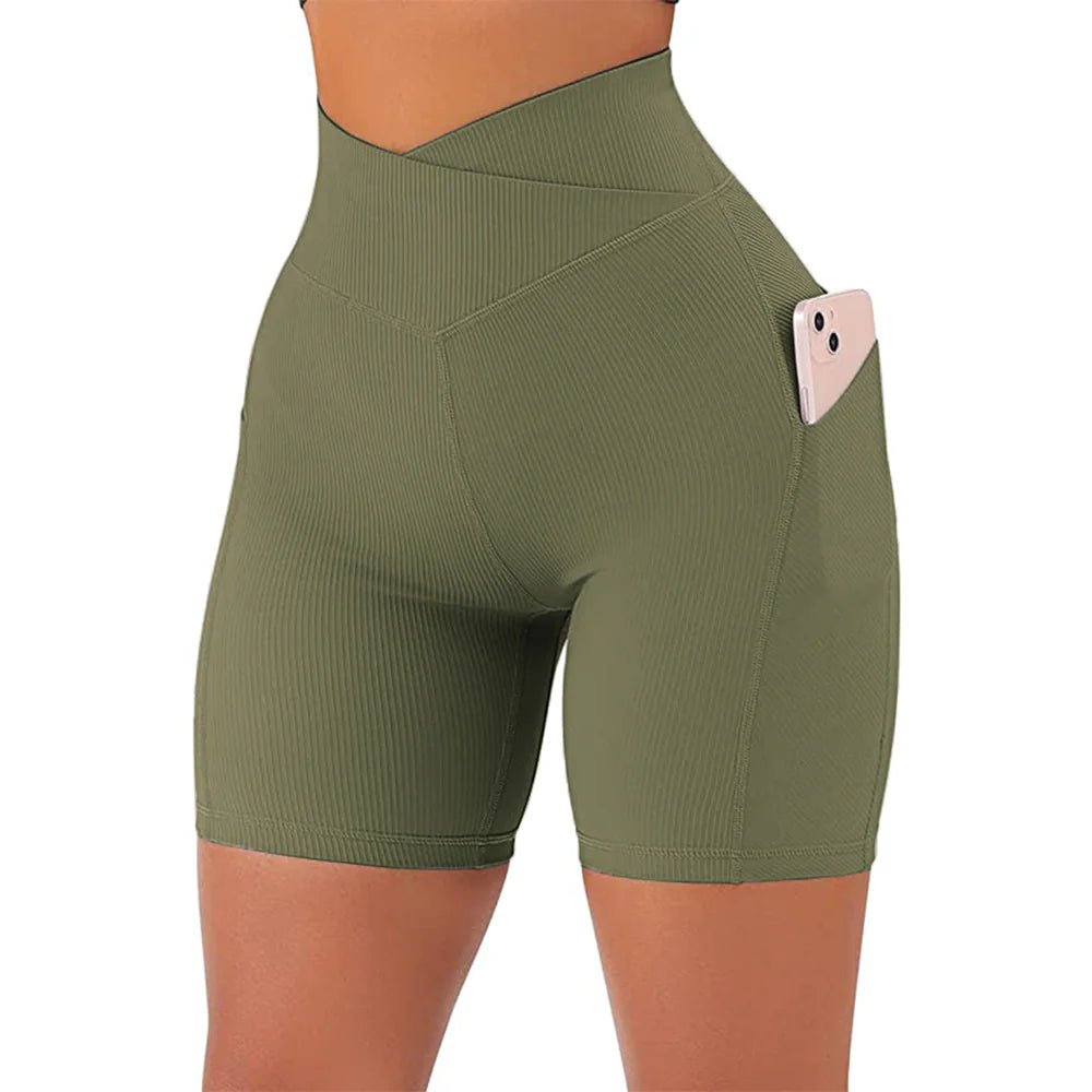 High Waist Cross Workout Shorts with Side Pockets for Women - SensorySoft