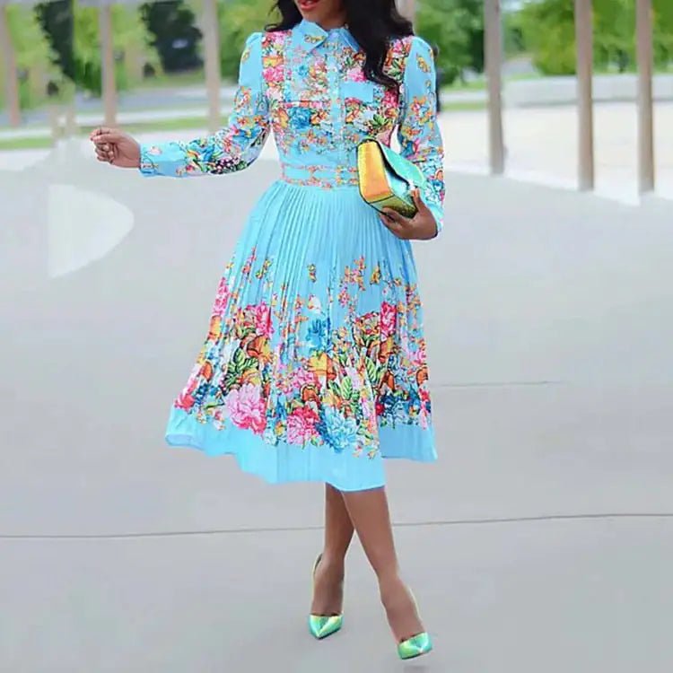 High Waisted Long Sleeve Pleated Dresses - SensorySoftShop