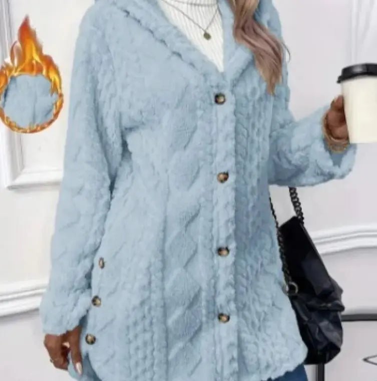 Hooded Cardigan Button Long Jacket Winter Solid Color Long Sleeve Coat - SensorySoft