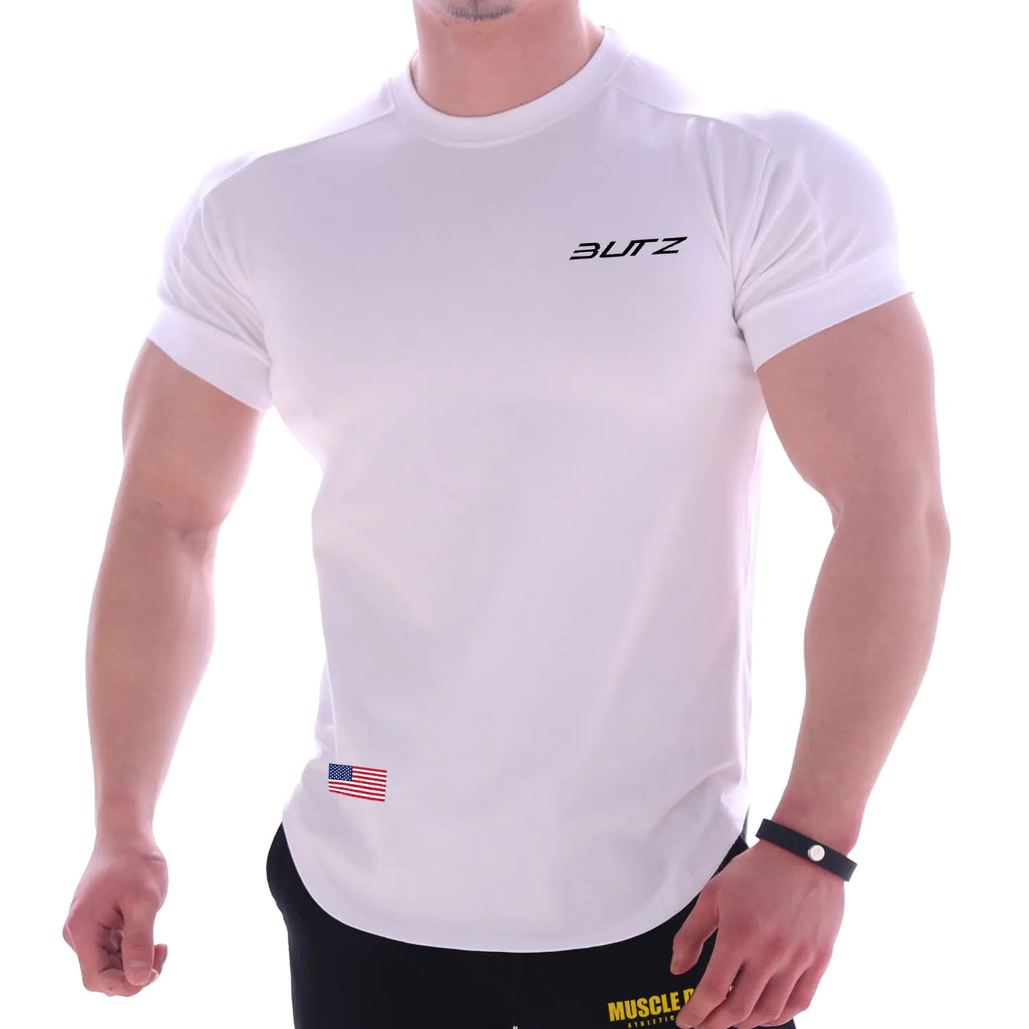 White t-shirt with 'Butz' branding and an American flag on a white background