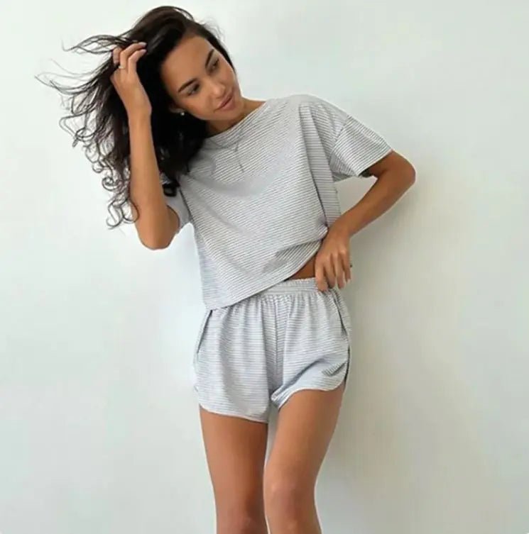 Knitted Striped Pajamas Short - sleeved Shorts Suit - SensorySoftShop