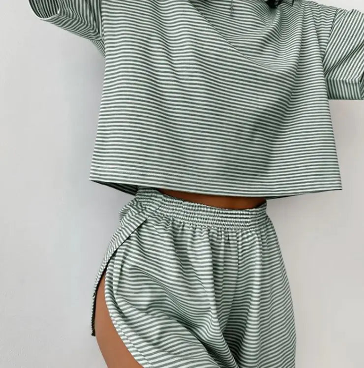 Knitted Striped Pajamas Short - sleeved Shorts Suit - SensorySoftShop