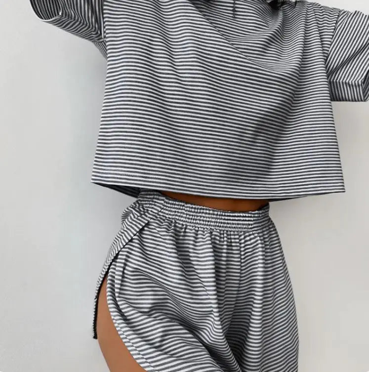 Knitted Striped Pajamas Short - sleeved Shorts Suit - SensorySoftShop