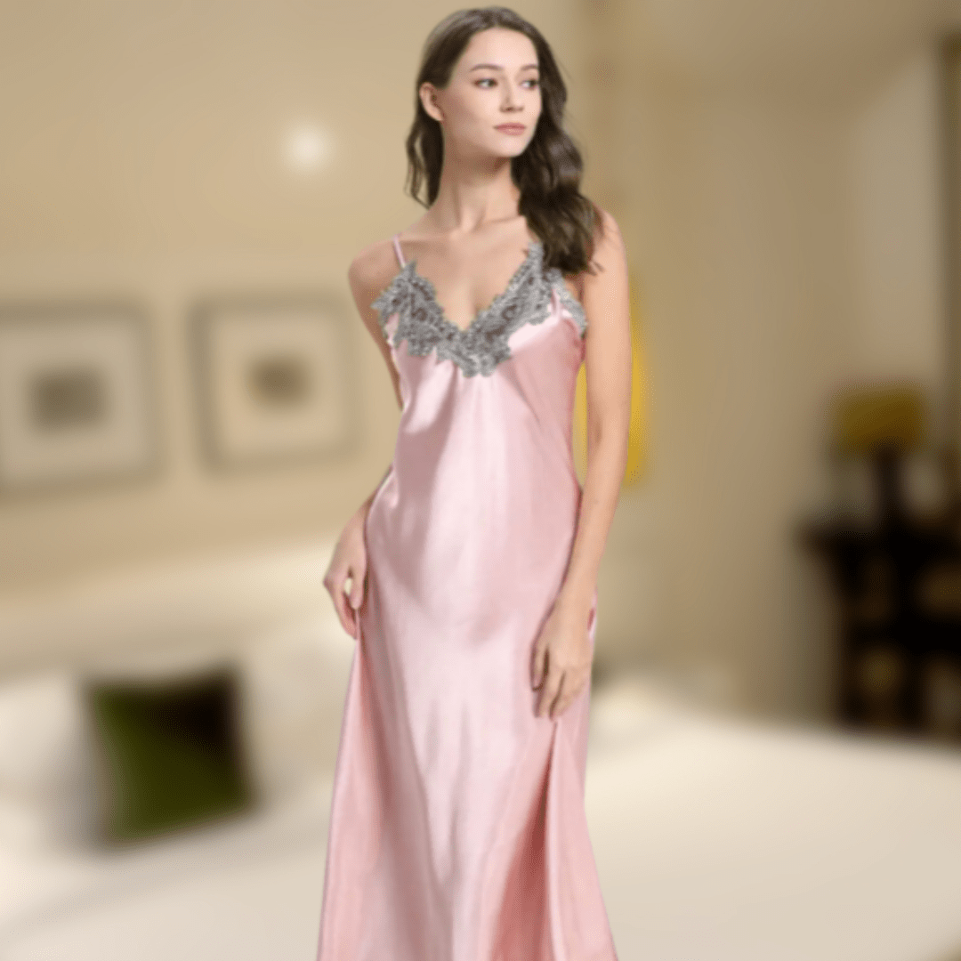 Lace Satin Nightgown – Silky Luxury with Elegant Lace Details - SensorySoftShop