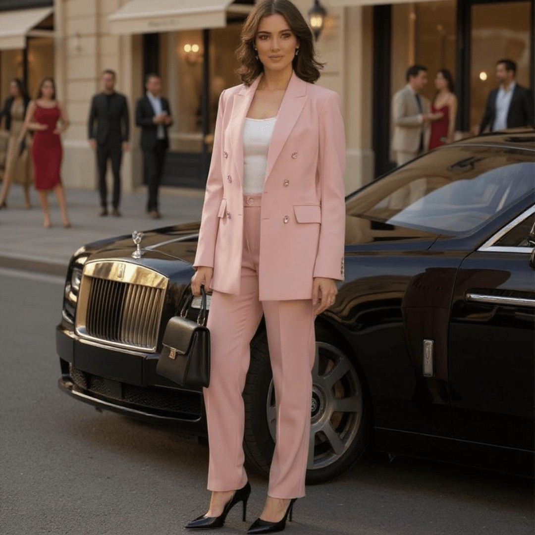Lamgool Women Pants Suit Double Breasted 2 Piece Blazer Set - SensorySoftShop