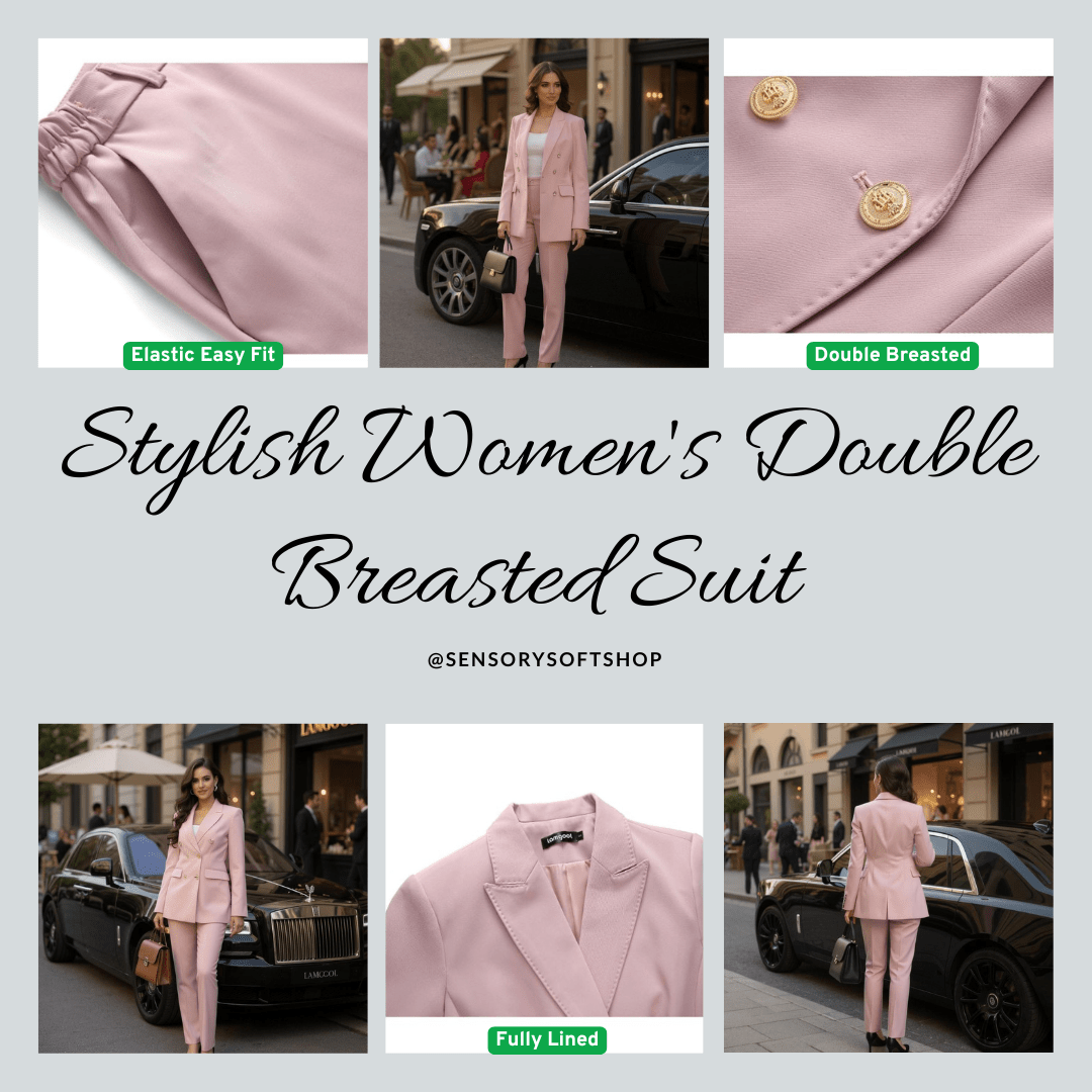 Lamgool Women Pants Suit Double Breasted 2 Piece Blazer Set - SensorySoftShop
