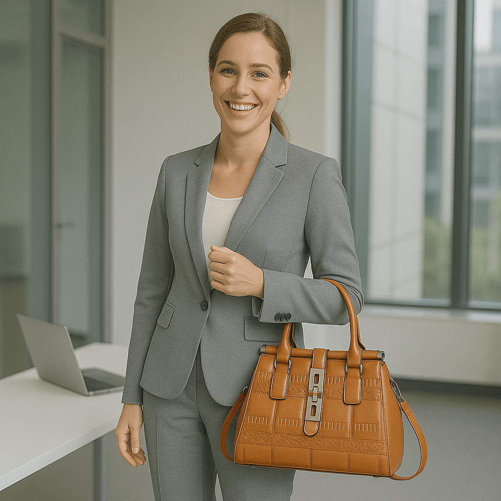 Leather Embossed Finish - Classic Business Handbags - Color Khaki - SensorySoft