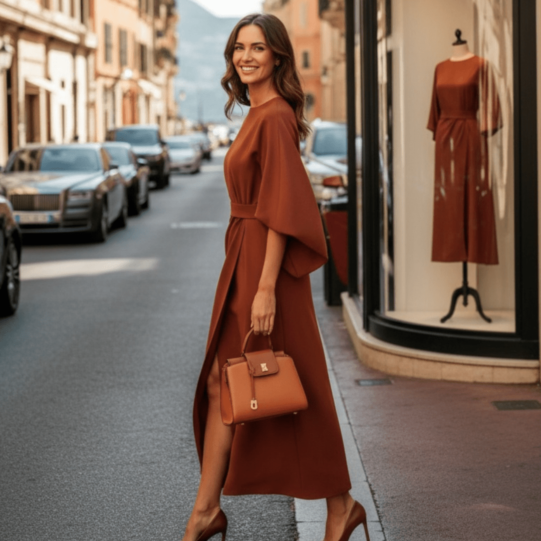 Loose Batwing Sleeve Dress Fashion Waist - tighted Solid Color Elegant Dresses For Women Clothing - In Brick Red - SensorySoftShop