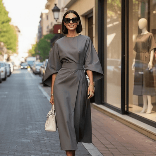 Loose Batwing Sleeve Dress Fashion Waist - tighted Solid Color Elegant Dresses For Women Clothing in Color Grey - SensorySoftShop