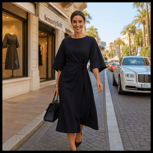 Loose Batwing Sleeve Dress Fashion Waist - tighted Solid Color Elegant Dresses For Women Clothing - In Traditional Black - SensorySoftShop