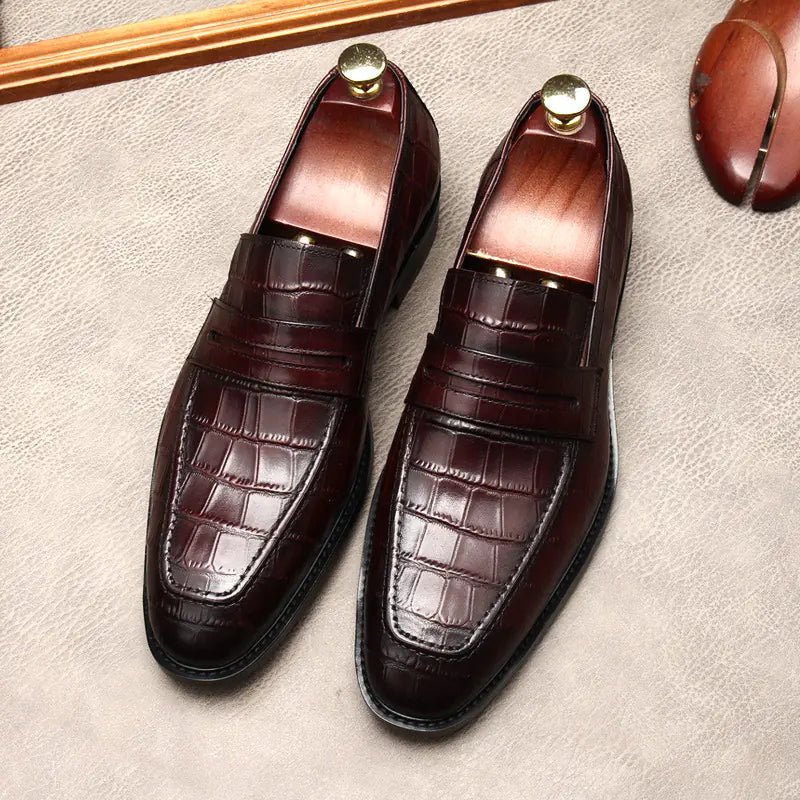 Men's Crocodile Pattern Leather Dress Shoes – Bold Elegance - In Brown Red - SensorySoft
