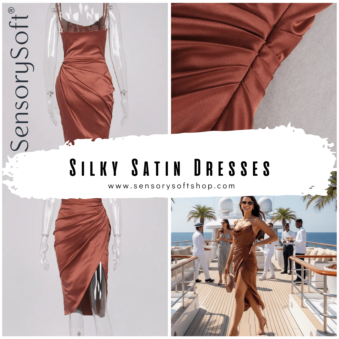 Midi Satin Dress Split Adjustable Strap - Three Stunning Colors - SensorySoftShop
