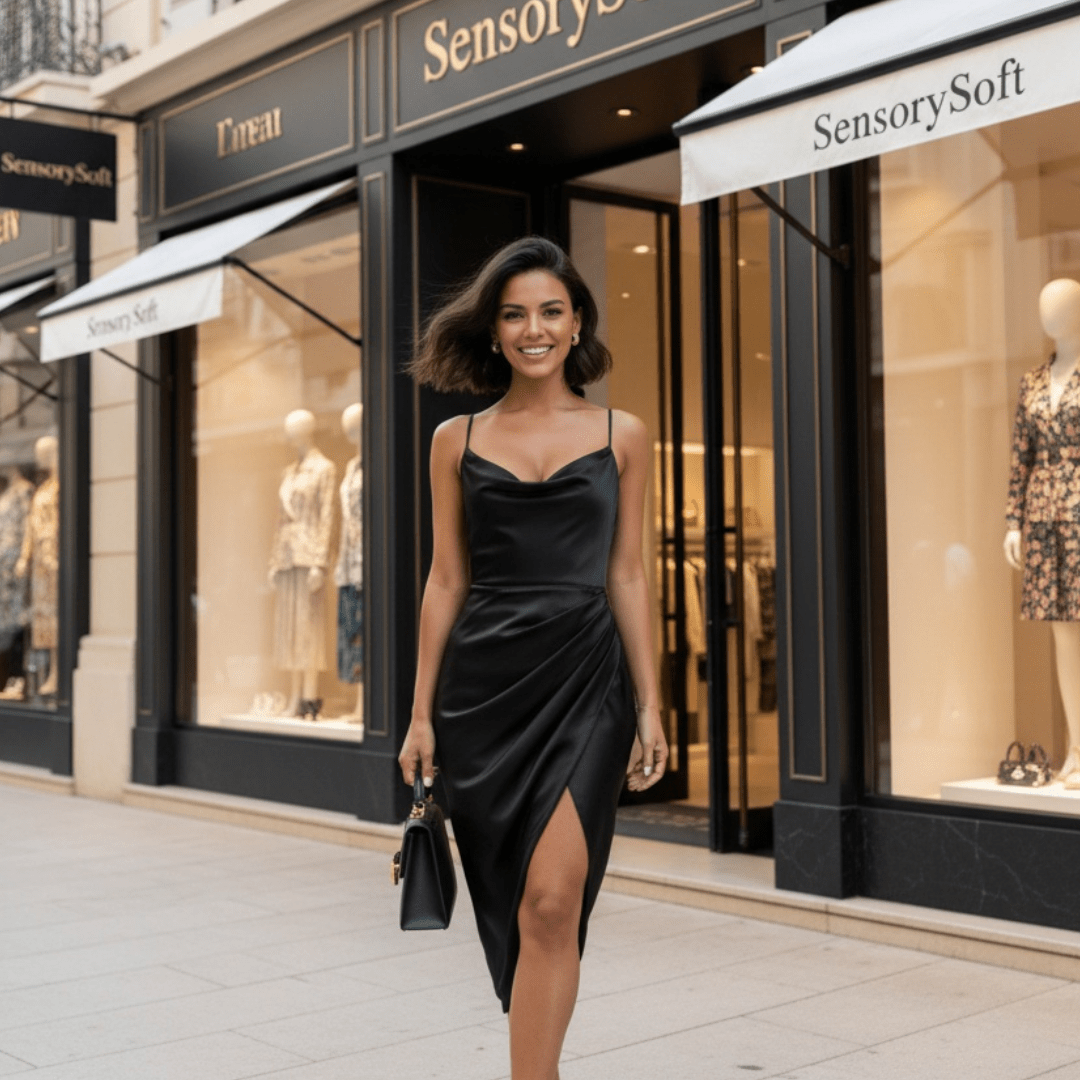Midi Satin Dress Split Adjustable Strap - Three Stunning Colors - SensorySoftShop