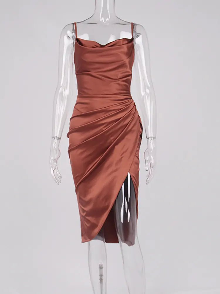 Midi Satin Dress Split Adjustable Strap - SensorySoft
