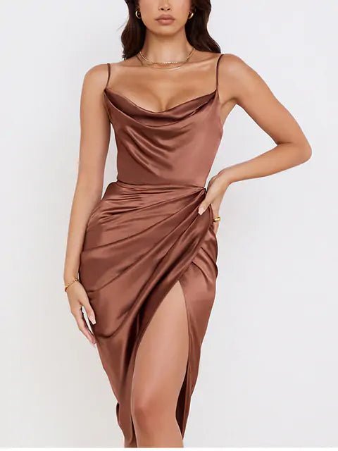 Midi Satin Dress Split Adjustable Strap - SensorySoft