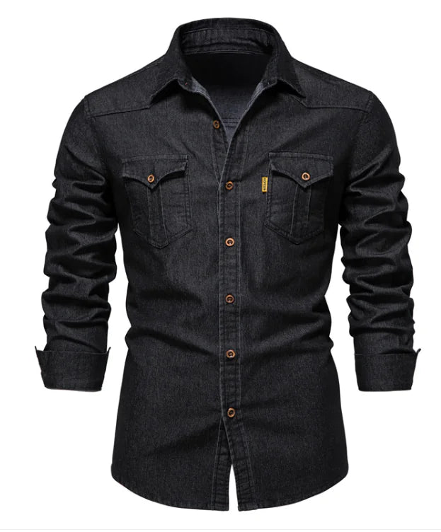 New Denim Men's Casual Solid Color Long Sleeve Shirt - SensorySoftShop