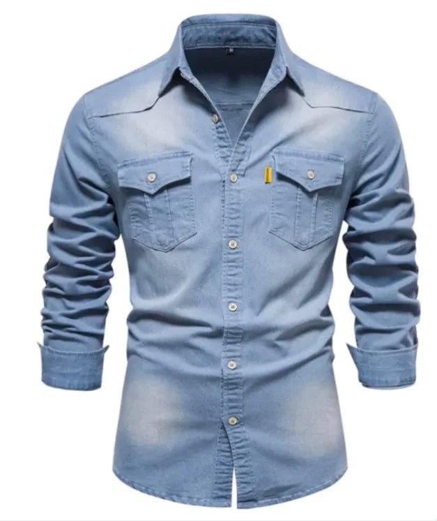 New Denim Men's Casual Solid Color Long Sleeve Shirt - SensorySoftShop