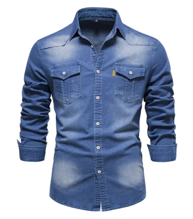 New Denim Men's Casual Solid Color Long Sleeve Shirt - SensorySoftShop