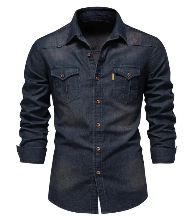 New Denim Men's Casual Solid Color Long Sleeve Shirt - SensorySoftShop