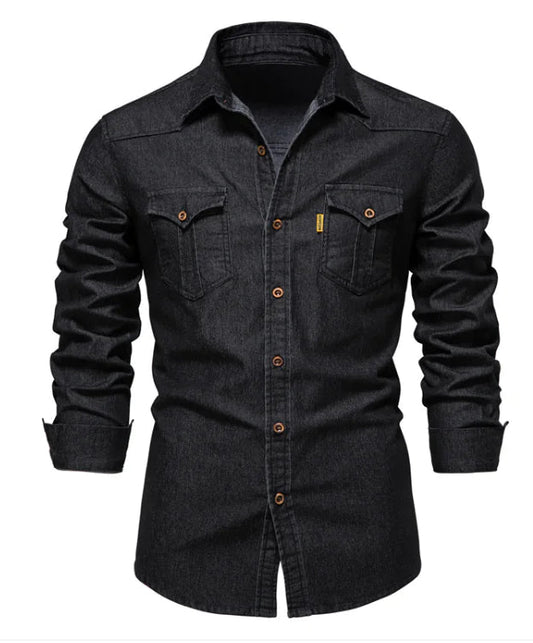 New Denim Men's Casual Solid Color Long Sleeve Shirt - SensorySoftShop