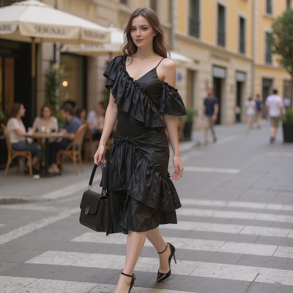 Off - Shoulder Ruffled Bodycon Dress - Black - SensorySoftShop