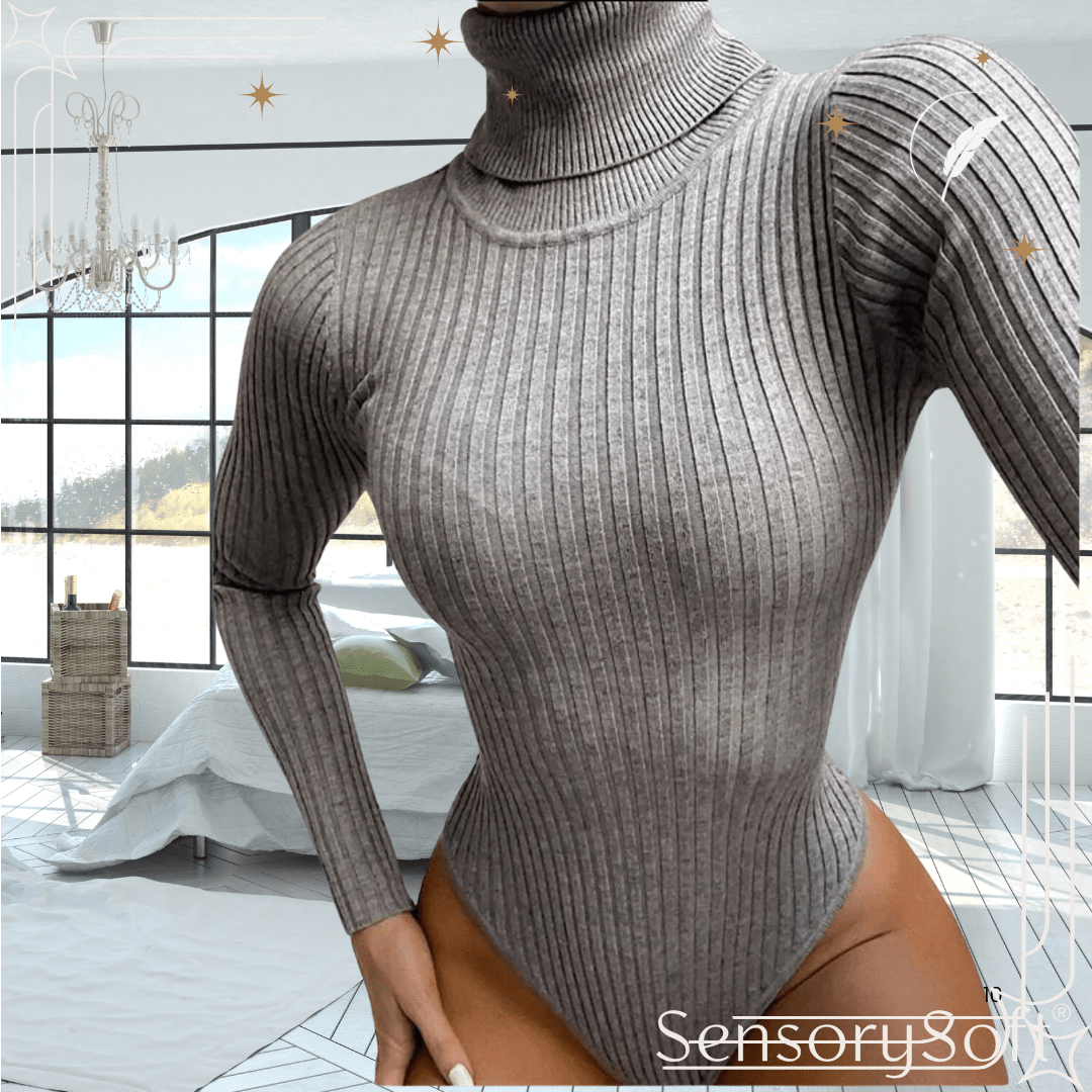 Ribbed Knitted Turtleneck Bodysuit - Long Sleeve Women's Winter Clothing - SensorySoft