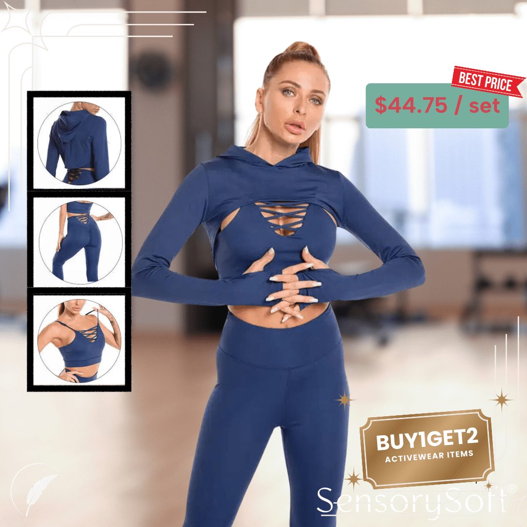 Seamless Yoga and Gym Fitness Sets - 3 Piece Sets - 2 Piece Sets - Pants - Sports Bra and Matching Crop Top Hoodie - SensorySoft