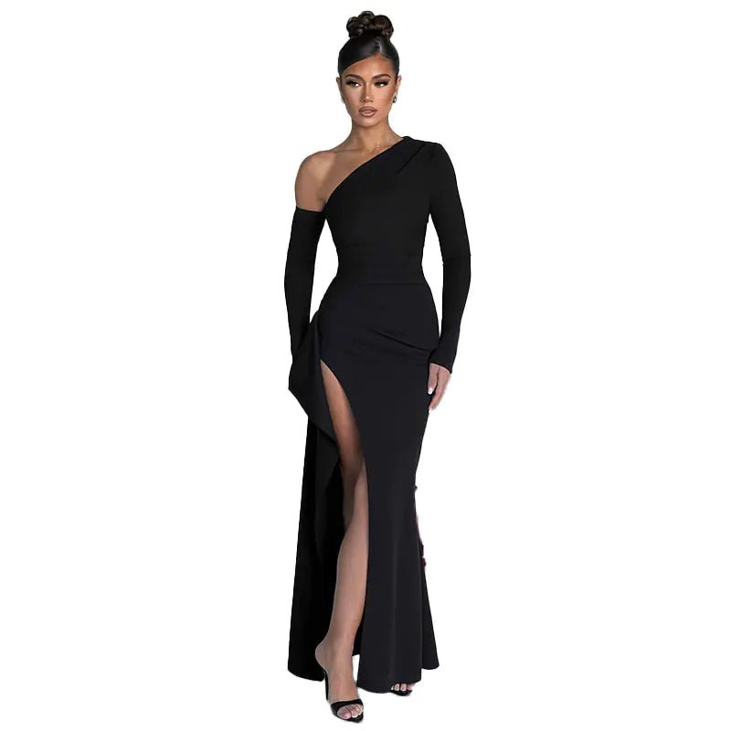 Slant Off - Shoulder High - Slit Evening Dress - SensorySoftShop