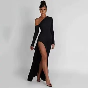 Slant Off - Shoulder High - Slit Evening Dress - SensorySoftShop