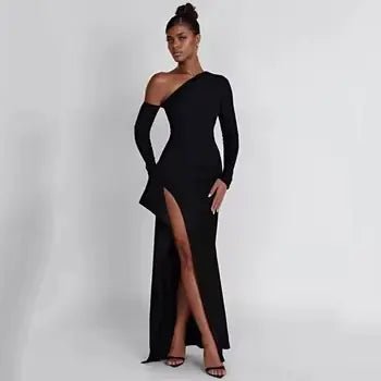 Slant Off - Shoulder High - Slit Evening Dress - SensorySoftShop