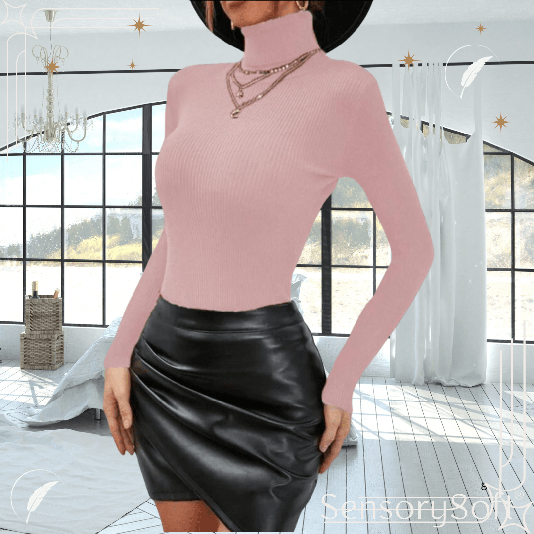 Solid Ribbed Turtle Neck Long Sleeve Knitted Top - SensorySoft