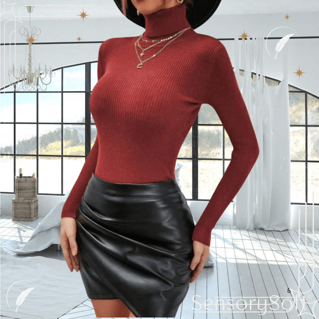 Solid Ribbed Turtle Neck Long Sleeve Knitted Top - SensorySoft