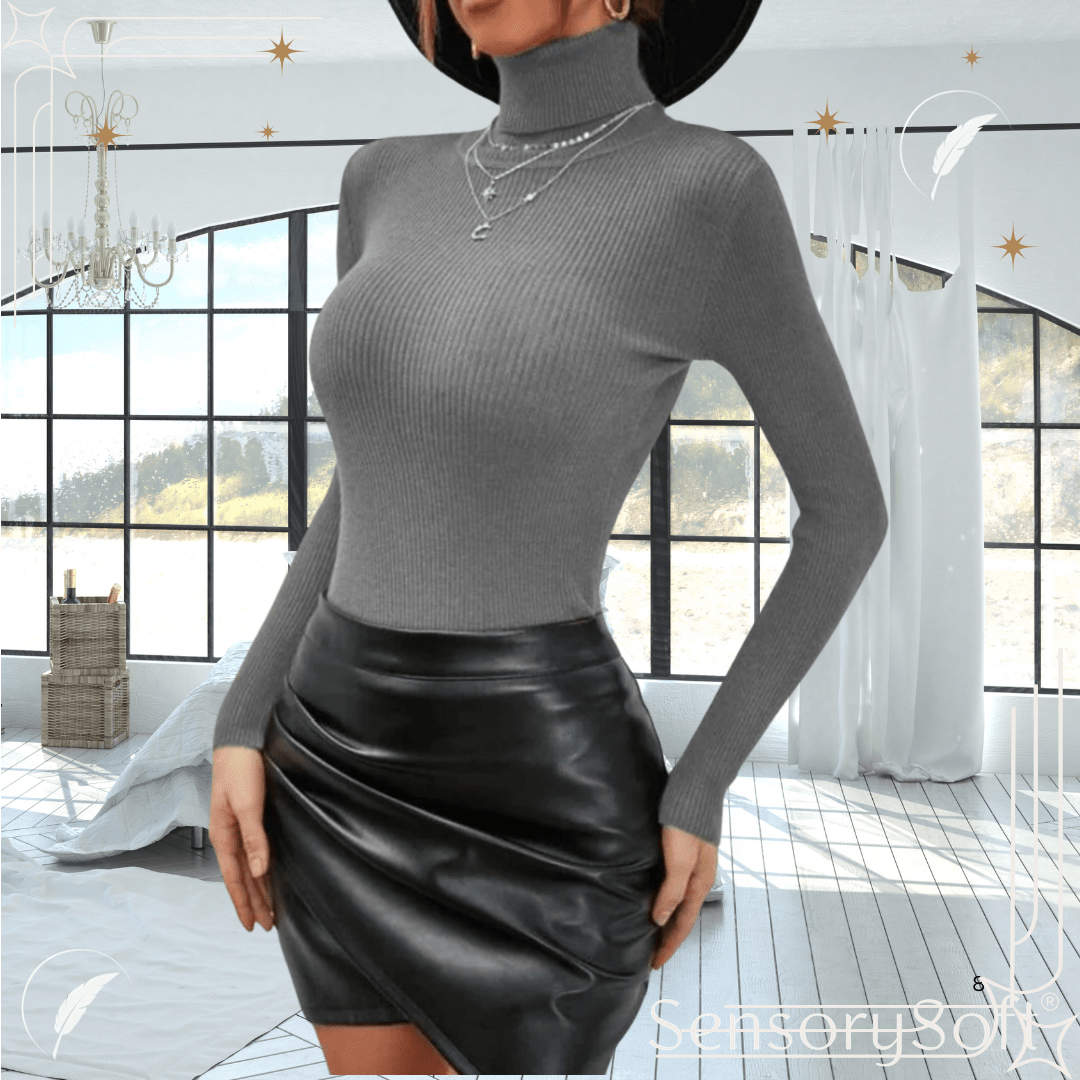 Solid Ribbed Turtle Neck Long Sleeve Knitted Top - SensorySoft