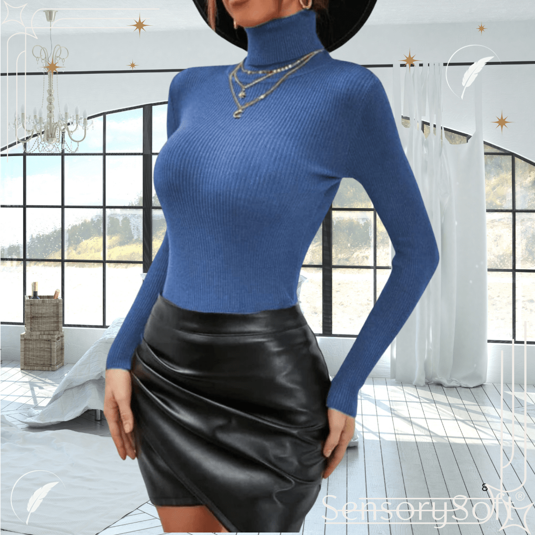 Solid Ribbed Turtle Neck Long Sleeve Knitted Top - SensorySoft