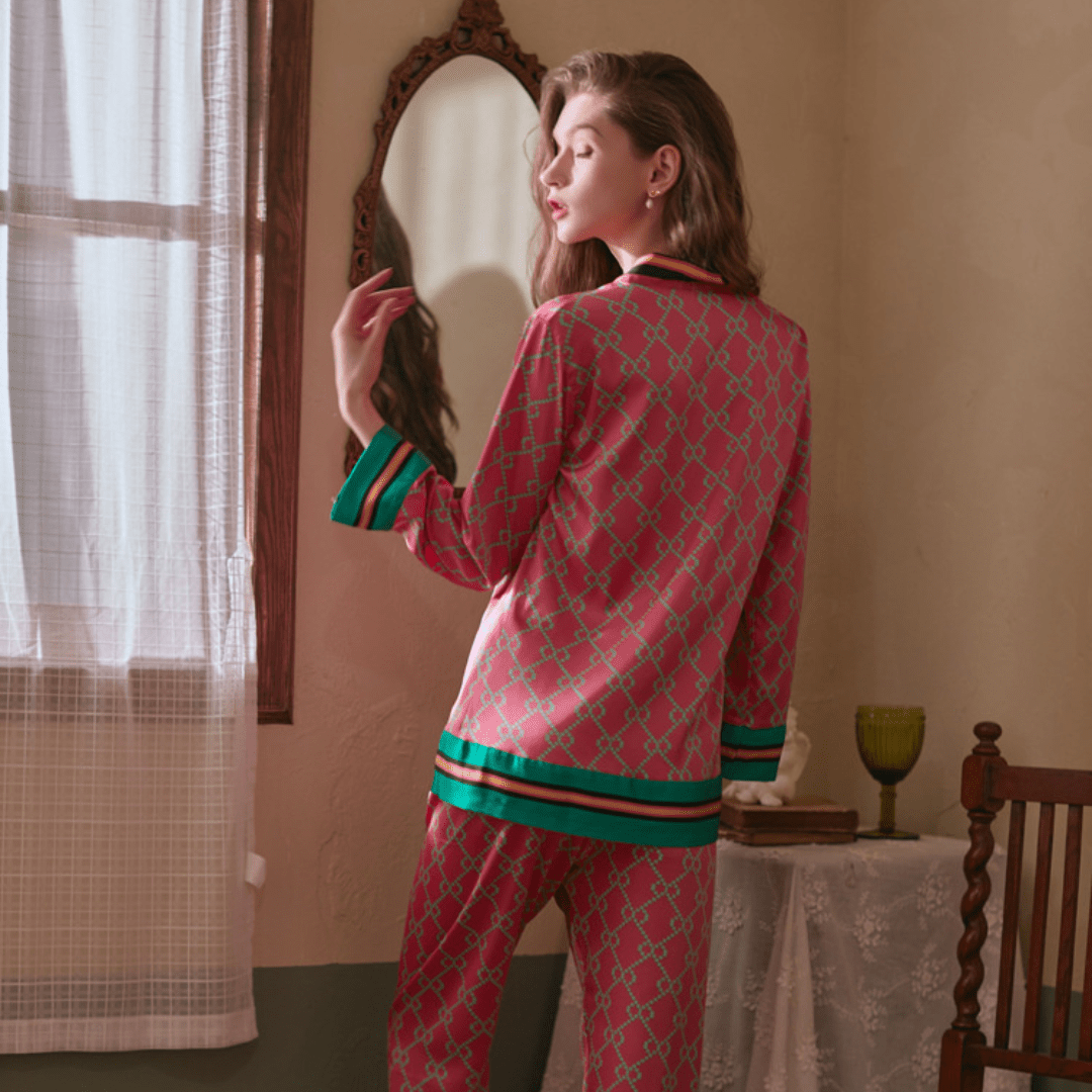 Spring Women's Long Sleeve Ice Silk Printed Pajamas Set - SensorySoft