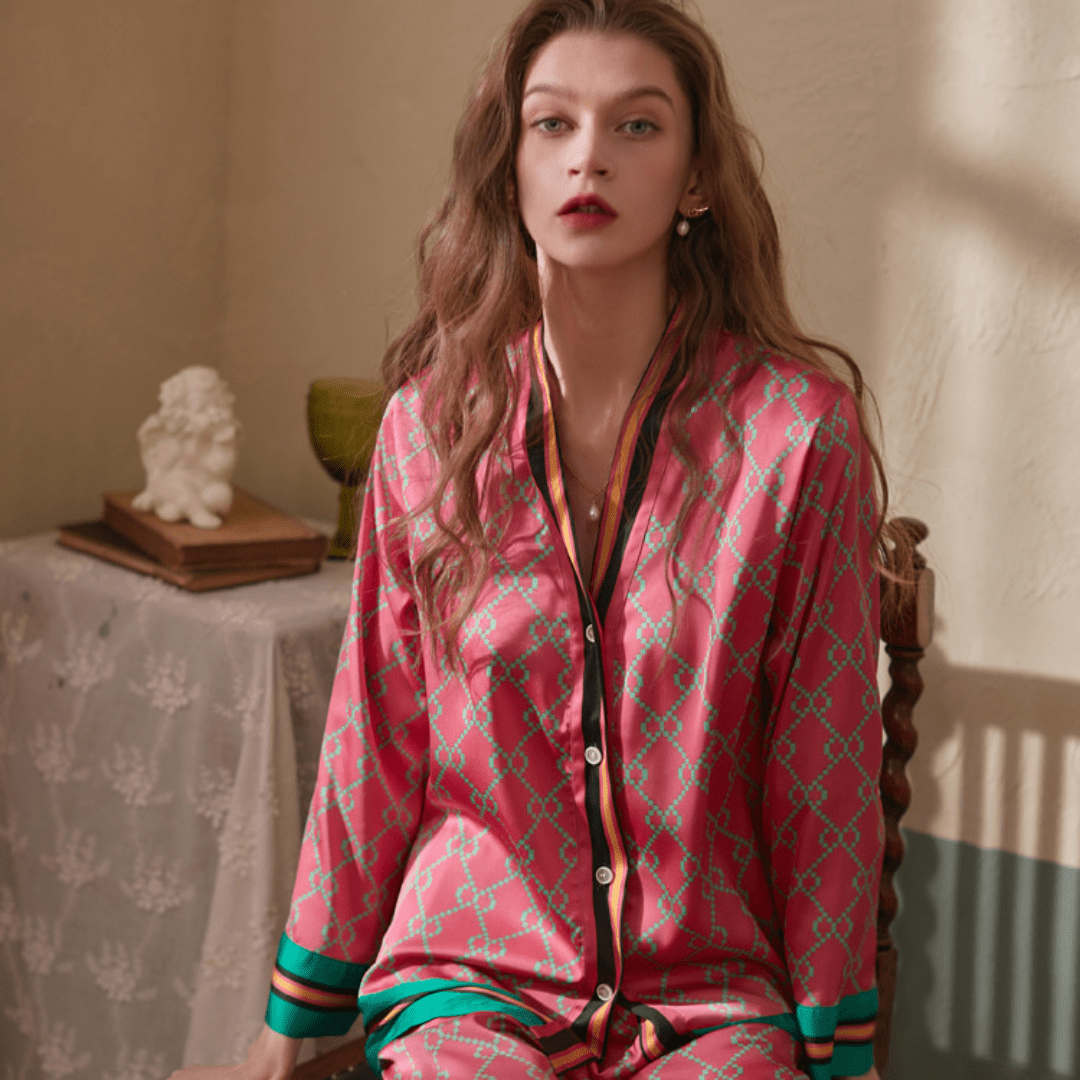 Spring Women's Long Sleeve Ice Silk Printed Pajamas Set - SensorySoft