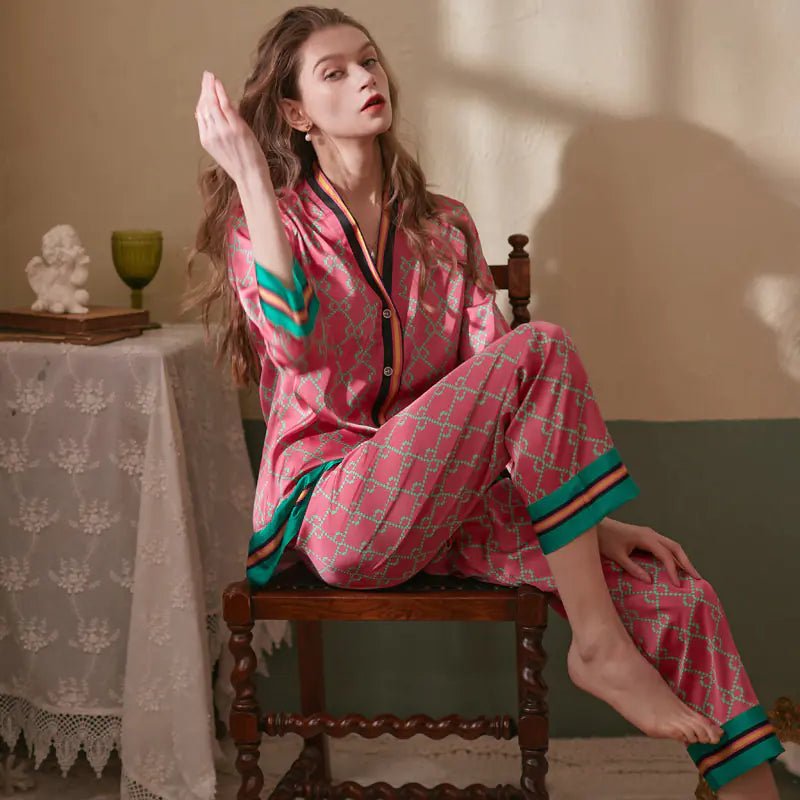 Spring Women's Long Sleeve Ice Silk Printed Pajamas Set - SensorySoft