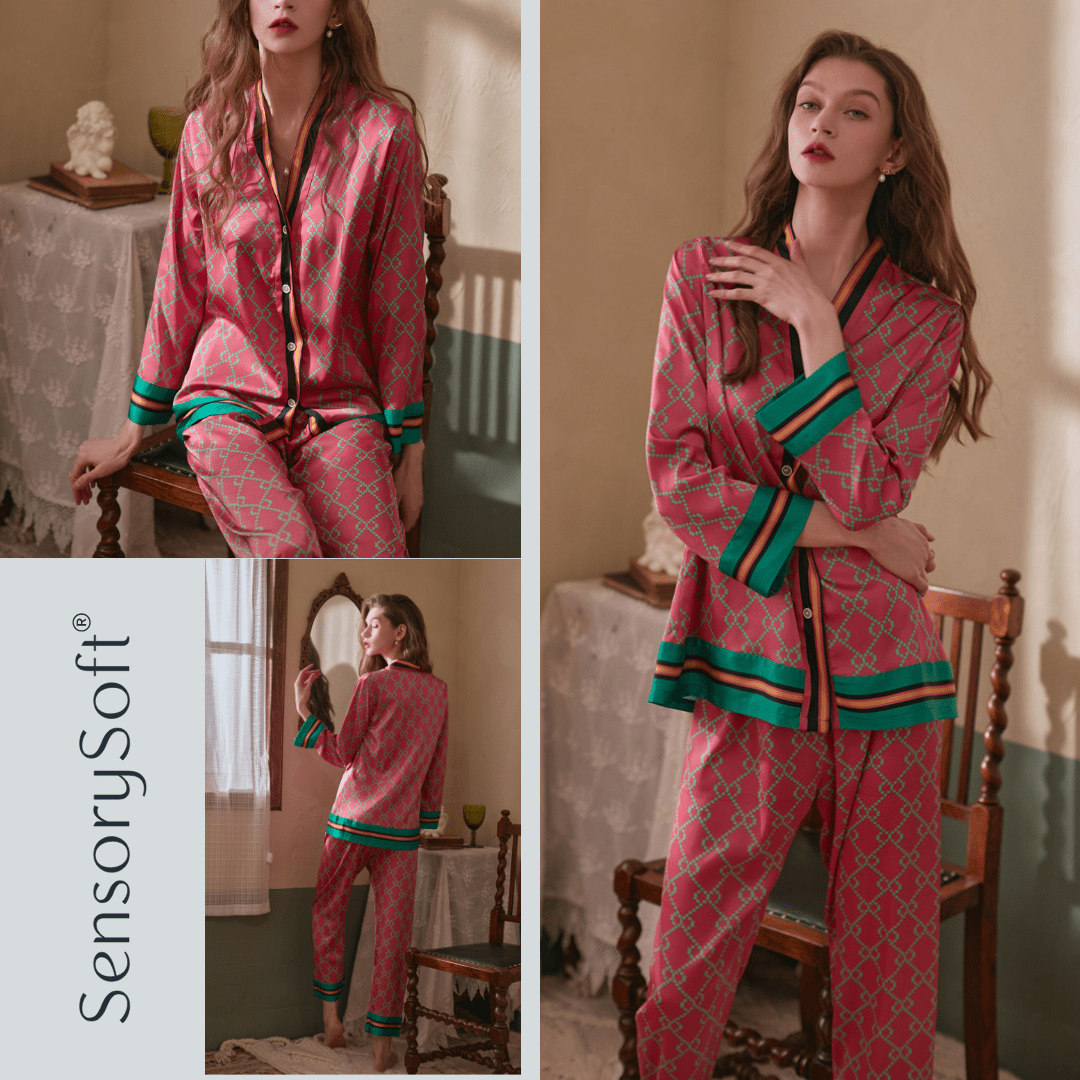 Spring Women's Long Sleeve Ice Silk Printed Pajamas Set - SensorySoft