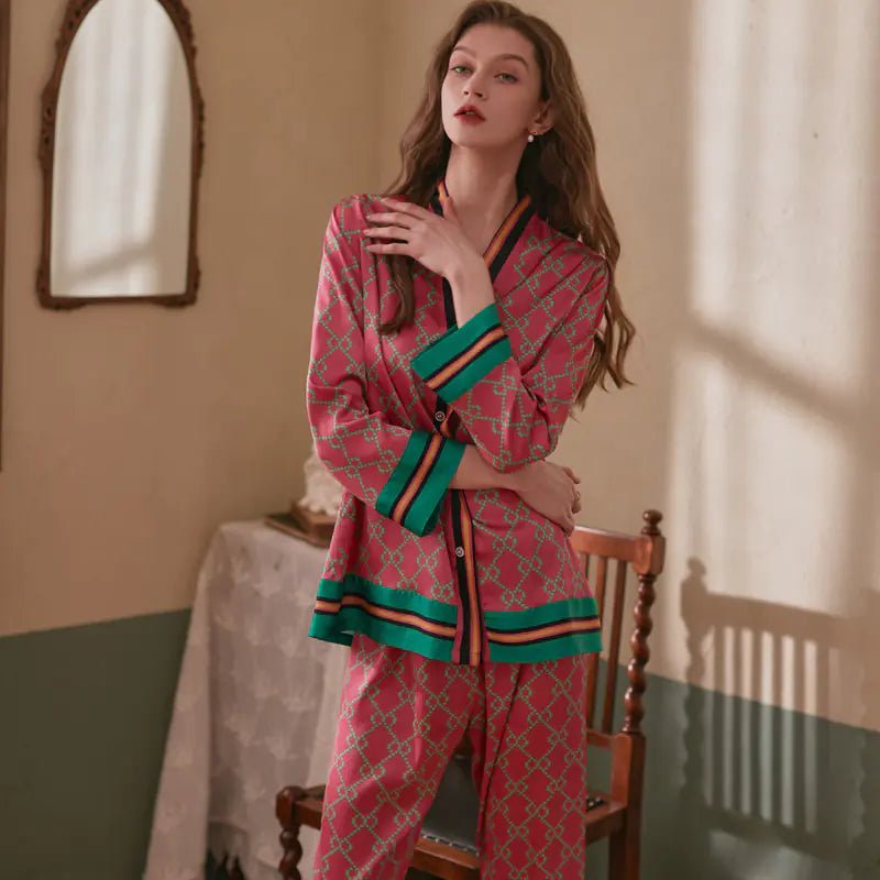 Spring Women's Long Sleeve Ice Silk Printed Pajamas Set - SensorySoft