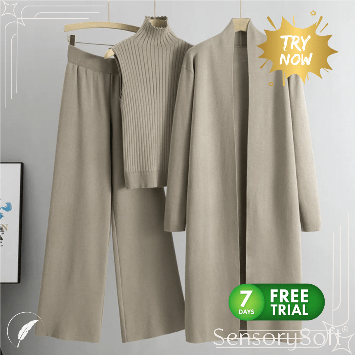 Women's 3 - Piece Knit Set: Sleeveless Vest, Long Cardigan, and Wide - Leg Pants - SensorySoftShop