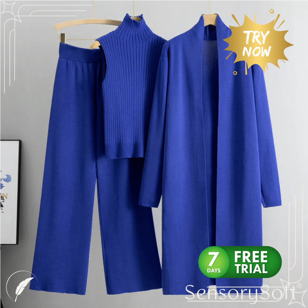 Women's 3 - Piece Knit Set: Sleeveless Vest, Long Cardigan, and Wide - Leg Pants - SensorySoftShop