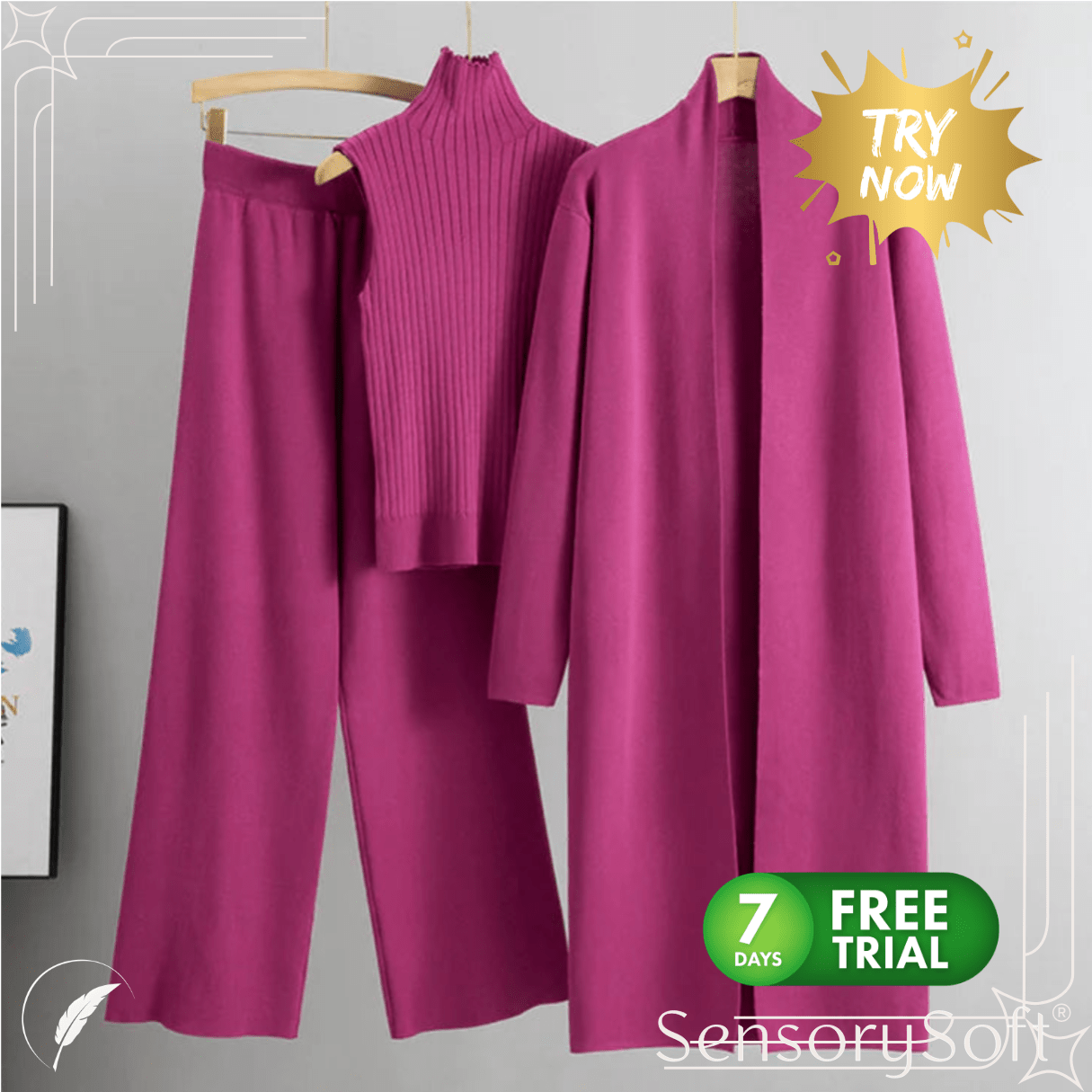 Women's 3 - Piece Knit Set: Sleeveless Vest, Long Cardigan, and Wide - Leg Pants - SensorySoftShop