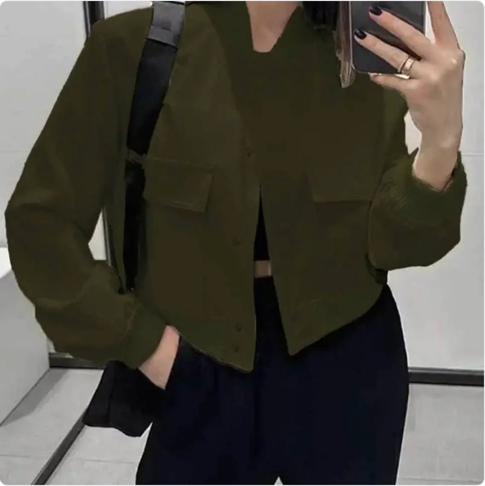 Women's Casual Stand - Collar Button Jacket with Large Pockets – Loose Short Coat - SensorySoft