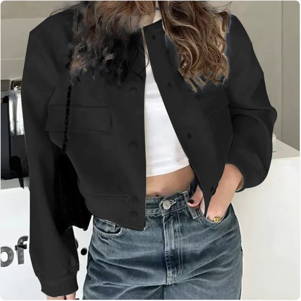Women's Casual Stand - Collar Button Jacket with Large Pockets – Loose Short Coat - SensorySoft