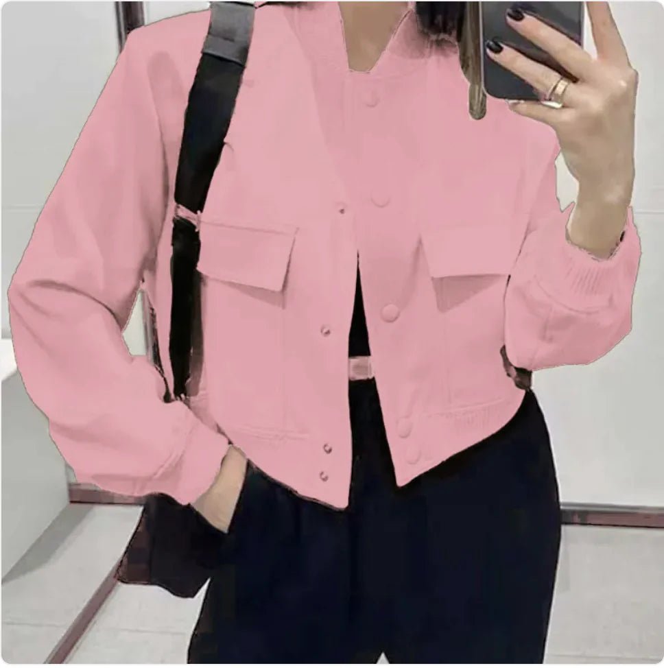 Women's Casual Stand - Collar Button Jacket with Large Pockets – Loose Short Coat - SensorySoft