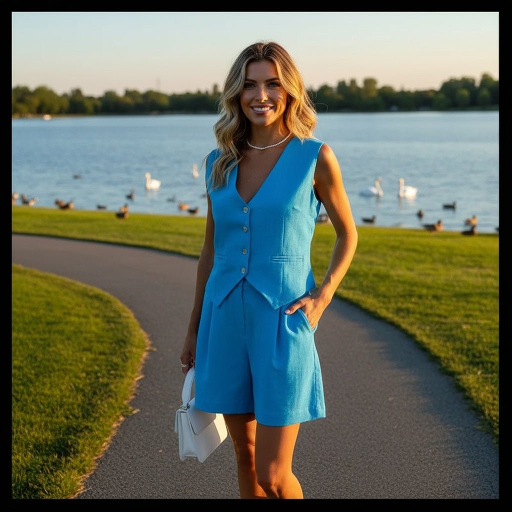 Women's Cotton - Linen Suit Vest and Shorts Set - SensorySoftShop