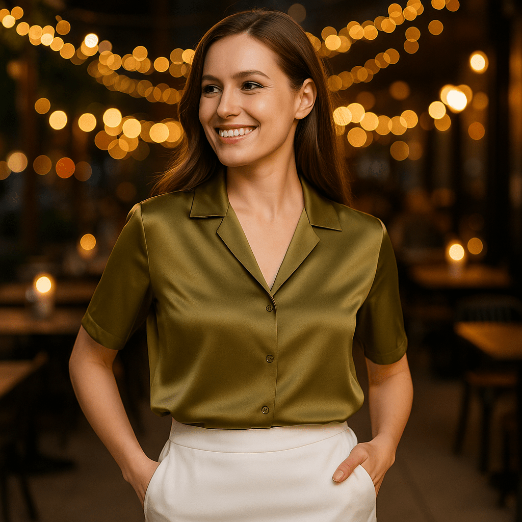 Women's Silk Satin Short Sleeve Shirt with Suit Collar - SensorySoft