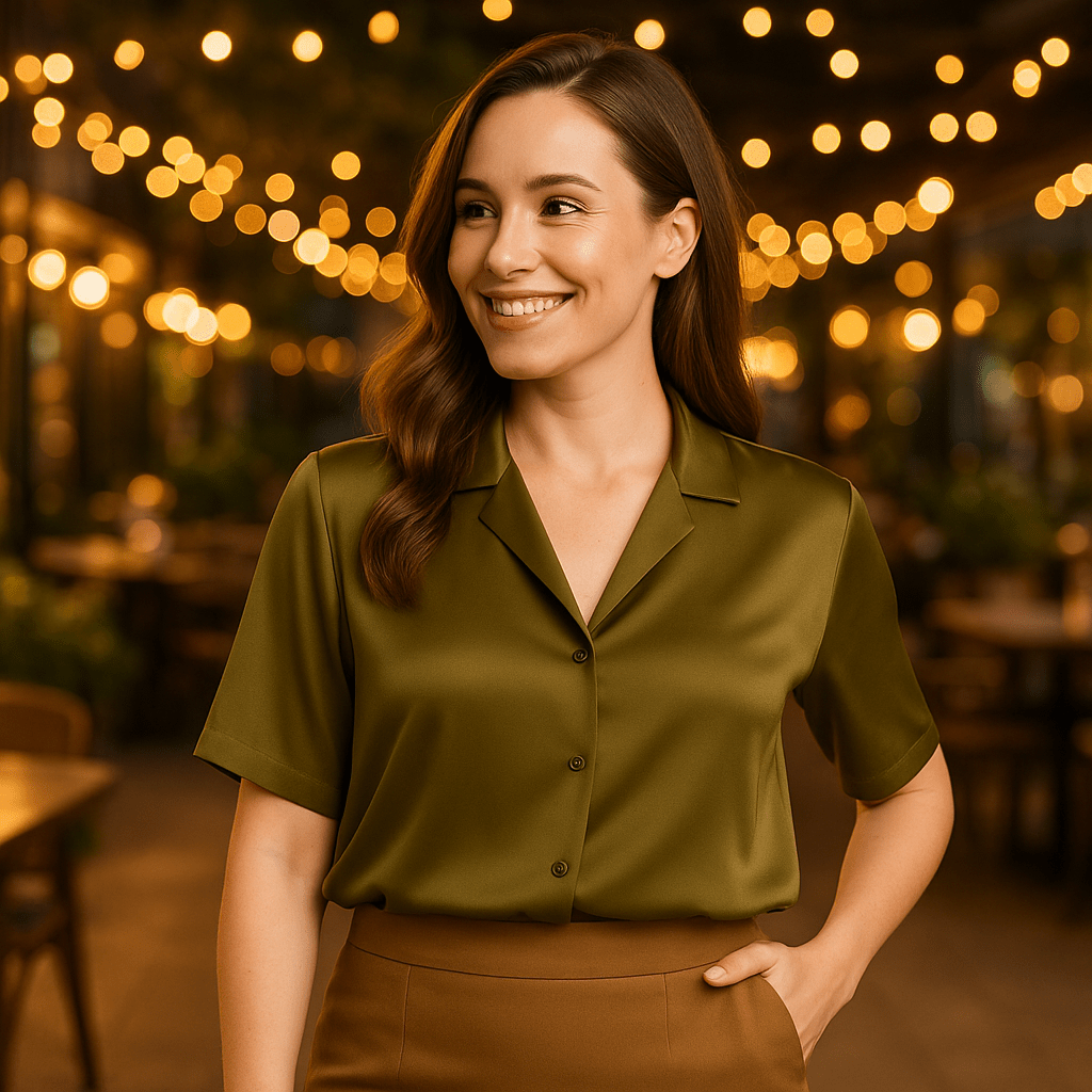 Women's Silk Satin Short Sleeve Shirt with Suit Collar - SensorySoft